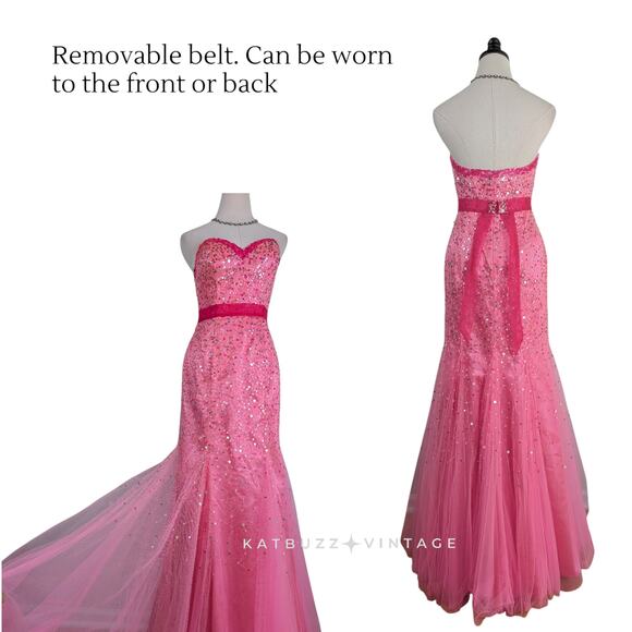 Mermaid Prom Dress Maxi Gown 4 Pink Vintage Y2K Sequin Strapless Coquette Girly - Picture 4 of 11